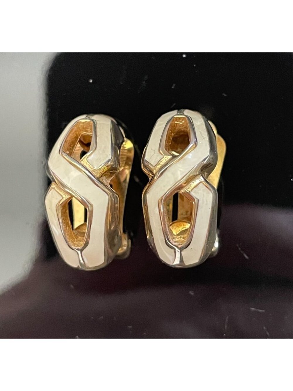 Vintage Signed Christian Dior Gold Cream Enamel Interlocking J Hoop Earrings 80s